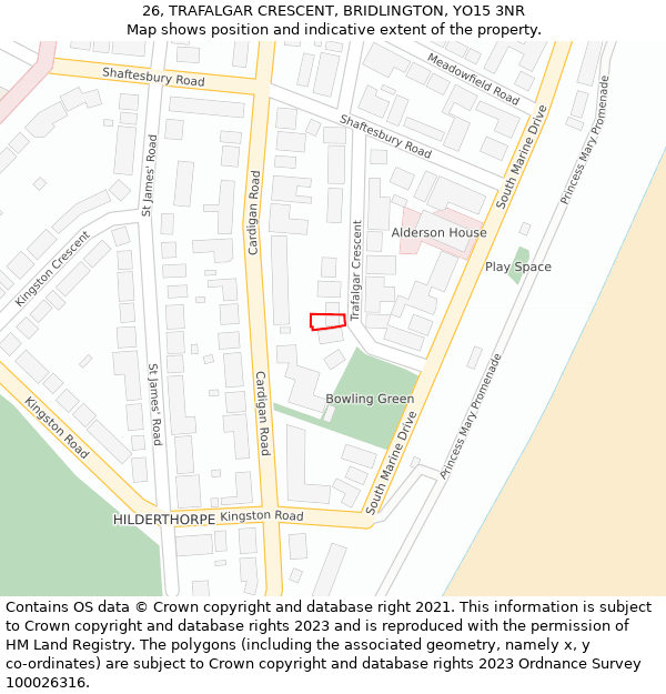 26, TRAFALGAR CRESCENT, BRIDLINGTON, YO15 3NR: Location map and indicative extent of plot