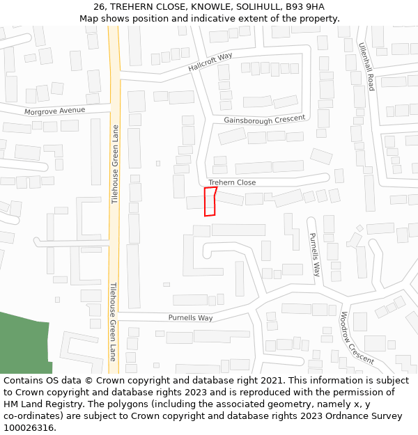 26, TREHERN CLOSE, KNOWLE, SOLIHULL, B93 9HA: Location map and indicative extent of plot