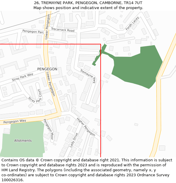 26, TREMAYNE PARK, PENGEGON, CAMBORNE, TR14 7UT: Location map and indicative extent of plot