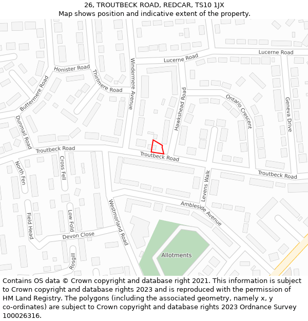 26, TROUTBECK ROAD, REDCAR, TS10 1JX: Location map and indicative extent of plot