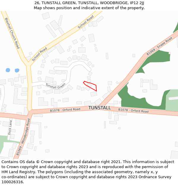 26, TUNSTALL GREEN, TUNSTALL, WOODBRIDGE, IP12 2JJ: Location map and indicative extent of plot