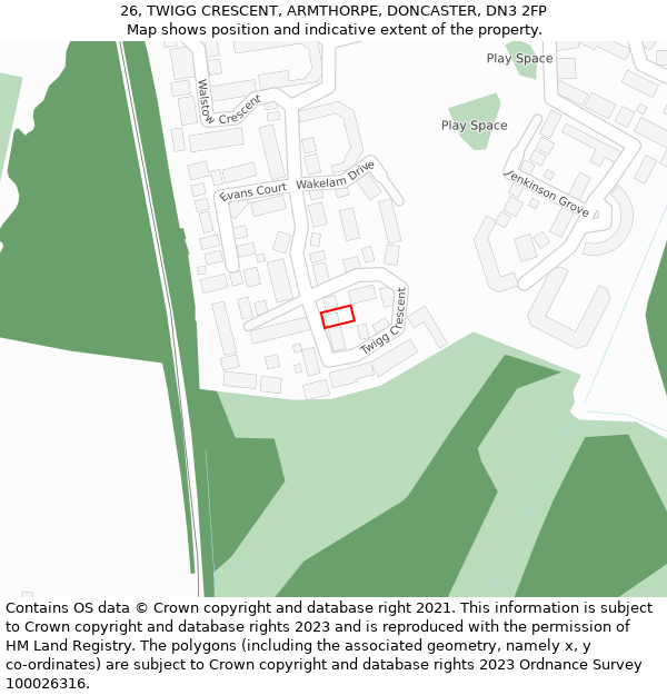 26, TWIGG CRESCENT, ARMTHORPE, DONCASTER, DN3 2FP: Location map and indicative extent of plot