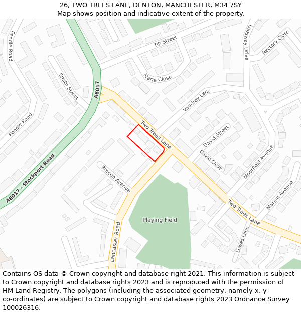 26, TWO TREES LANE, DENTON, MANCHESTER, M34 7SY: Location map and indicative extent of plot