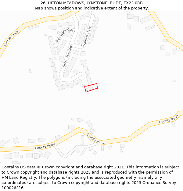 26, UPTON MEADOWS, LYNSTONE, BUDE, EX23 0RB: Location map and indicative extent of plot