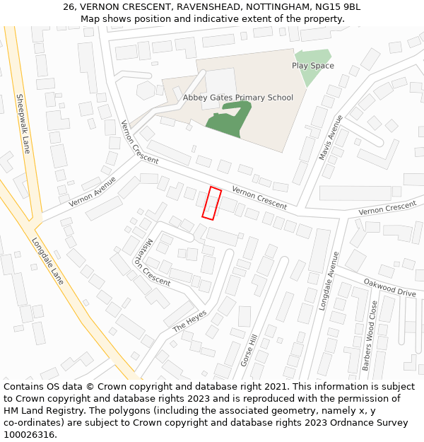 26, VERNON CRESCENT, RAVENSHEAD, NOTTINGHAM, NG15 9BL: Location map and indicative extent of plot
