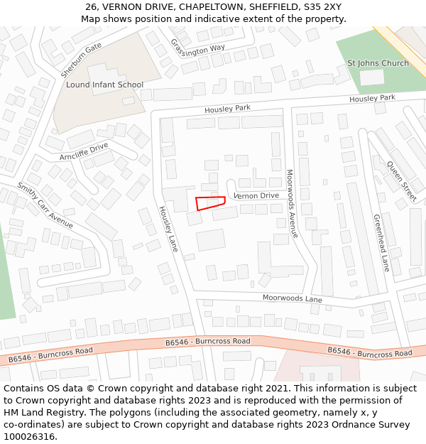 26, VERNON DRIVE, CHAPELTOWN, SHEFFIELD, S35 2XY: Location map and indicative extent of plot