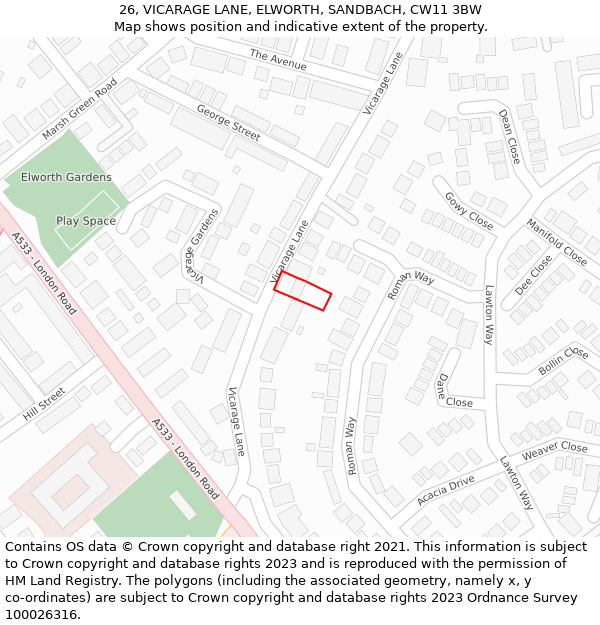 26, VICARAGE LANE, ELWORTH, SANDBACH, CW11 3BW: Location map and indicative extent of plot
