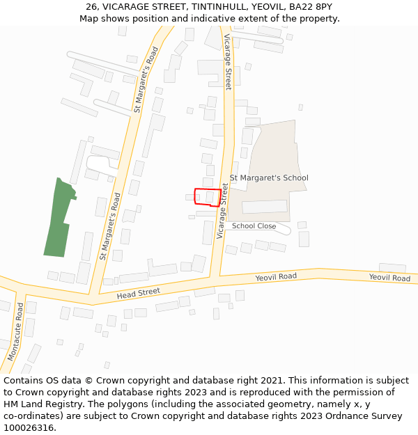 26, VICARAGE STREET, TINTINHULL, YEOVIL, BA22 8PY: Location map and indicative extent of plot