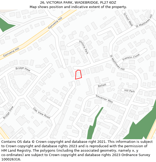 26, VICTORIA PARK, WADEBRIDGE, PL27 6DZ: Location map and indicative extent of plot
