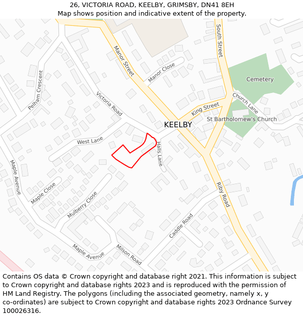 26, VICTORIA ROAD, KEELBY, GRIMSBY, DN41 8EH: Location map and indicative extent of plot