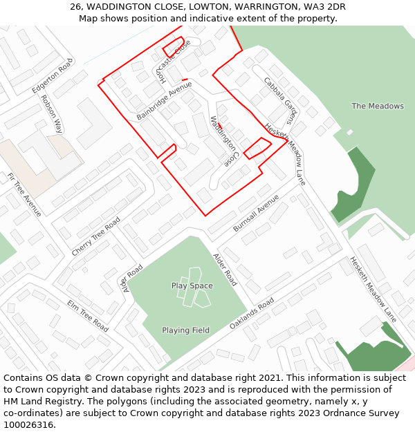 26, WADDINGTON CLOSE, LOWTON, WARRINGTON, WA3 2DR: Location map and indicative extent of plot