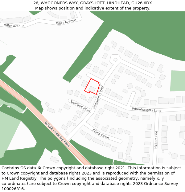 26, WAGGONERS WAY, GRAYSHOTT, HINDHEAD, GU26 6DX: Location map and indicative extent of plot