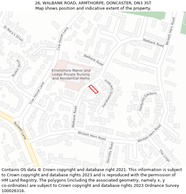 26, WALBANK ROAD, ARMTHORPE, DONCASTER, DN3 3ST: Location map and indicative extent of plot