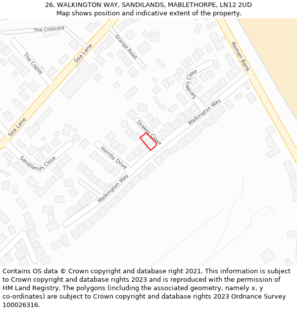 26, WALKINGTON WAY, SANDILANDS, MABLETHORPE, LN12 2UD: Location map and indicative extent of plot