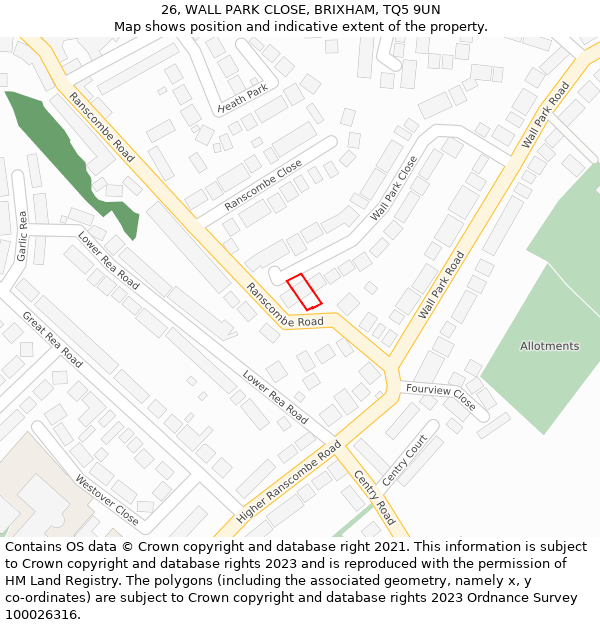 26, WALL PARK CLOSE, BRIXHAM, TQ5 9UN: Location map and indicative extent of plot