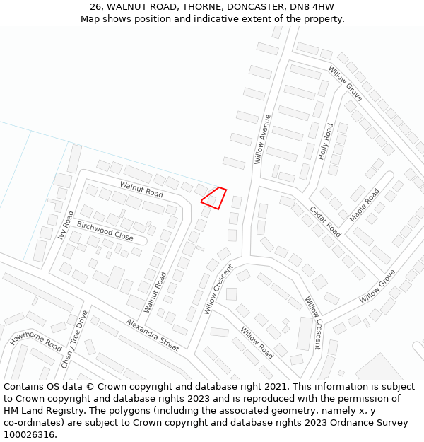 26, WALNUT ROAD, THORNE, DONCASTER, DN8 4HW: Location map and indicative extent of plot