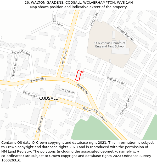 26, WALTON GARDENS, CODSALL, WOLVERHAMPTON, WV8 1AH: Location map and indicative extent of plot