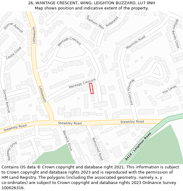 26, WANTAGE CRESCENT, WING, LEIGHTON BUZZARD, LU7 0NH: Location map and indicative extent of plot