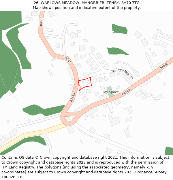 26, WARLOWS MEADOW, MANORBIER, TENBY, SA70 7TG: Location map and indicative extent of plot