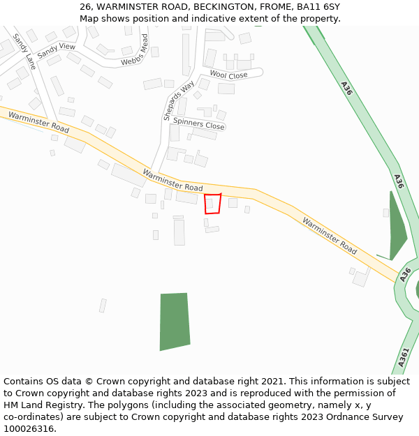 26, WARMINSTER ROAD, BECKINGTON, FROME, BA11 6SY: Location map and indicative extent of plot