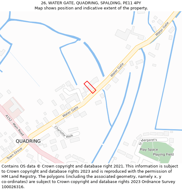 26, WATER GATE, QUADRING, SPALDING, PE11 4PY: Location map and indicative extent of plot