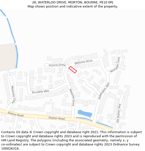 26, WATERLOO DRIVE, MORTON, BOURNE, PE10 0PJ: Location map and indicative extent of plot
