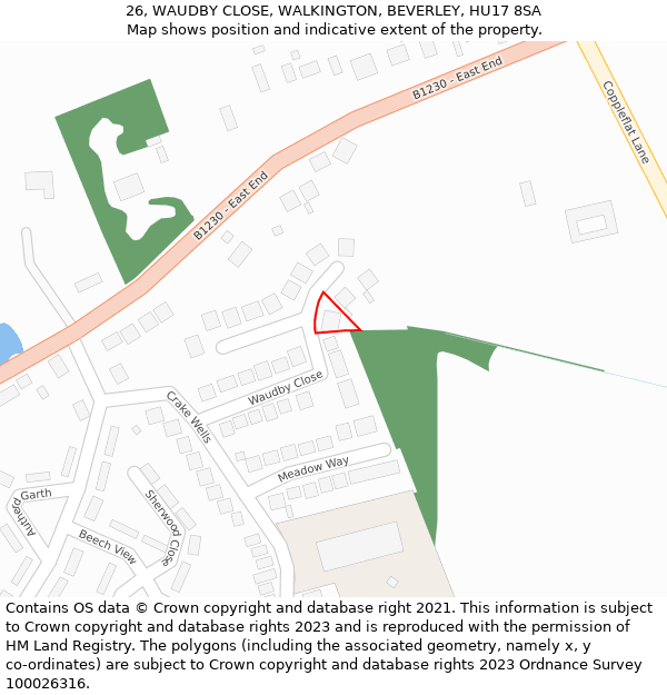 26, WAUDBY CLOSE, WALKINGTON, BEVERLEY, HU17 8SA: Location map and indicative extent of plot