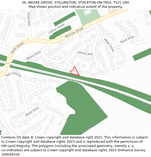 26, WEARE GROVE, STILLINGTON, STOCKTON-ON-TEES, TS21 1NX: Location map and indicative extent of plot