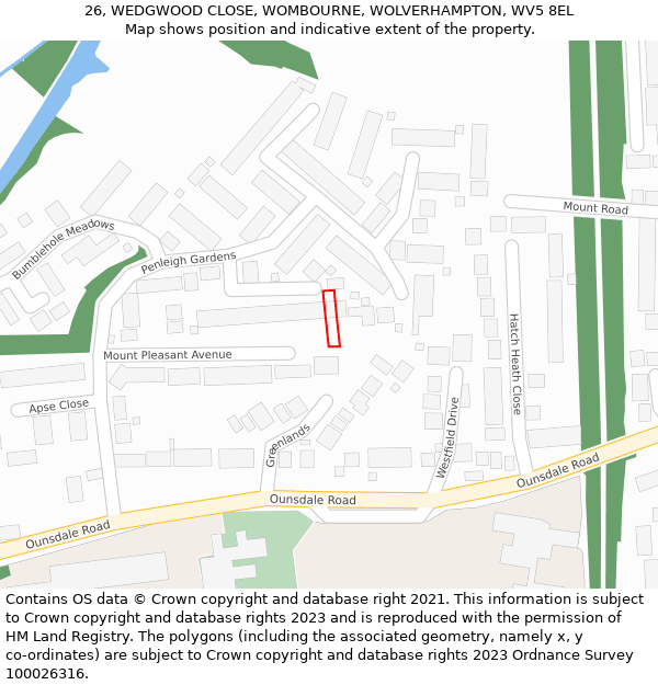 26, WEDGWOOD CLOSE, WOMBOURNE, WOLVERHAMPTON, WV5 8EL: Location map and indicative extent of plot