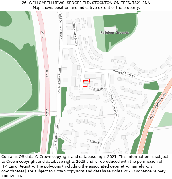 26, WELLGARTH MEWS, SEDGEFIELD, STOCKTON-ON-TEES, TS21 3NN: Location map and indicative extent of plot