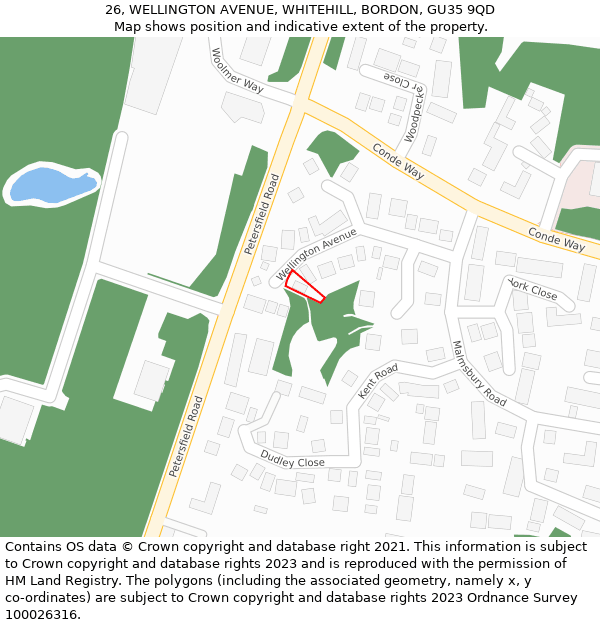 26, WELLINGTON AVENUE, WHITEHILL, BORDON, GU35 9QD: Location map and indicative extent of plot