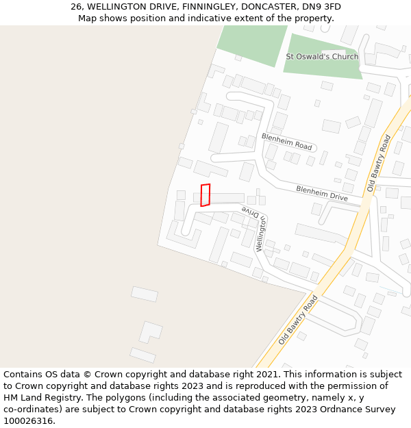 26, WELLINGTON DRIVE, FINNINGLEY, DONCASTER, DN9 3FD: Location map and indicative extent of plot