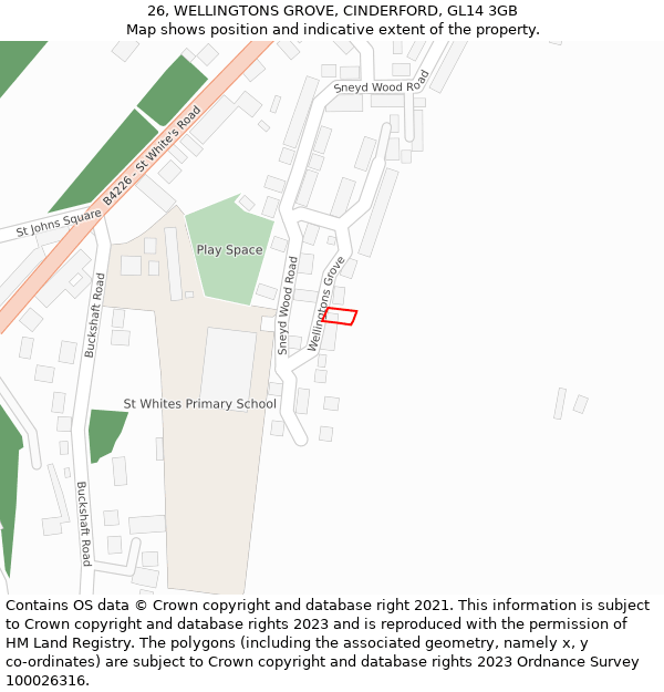 26, WELLINGTONS GROVE, CINDERFORD, GL14 3GB: Location map and indicative extent of plot