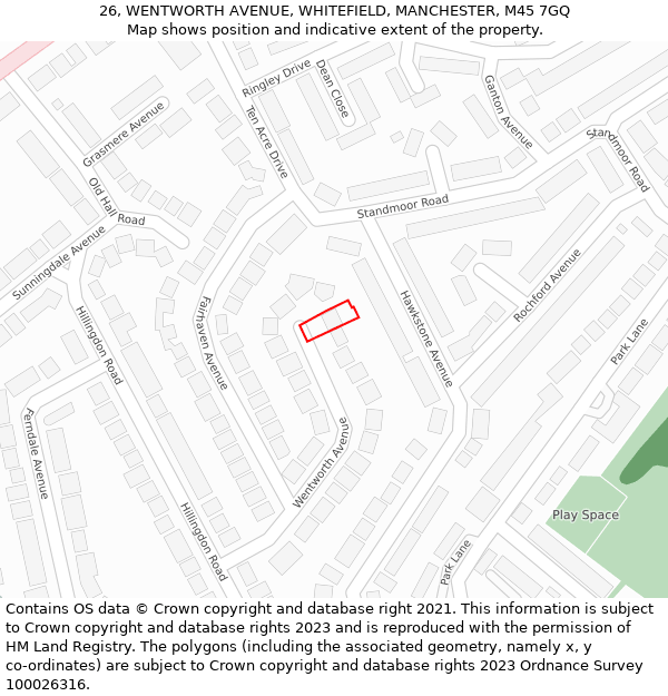 26, WENTWORTH AVENUE, WHITEFIELD, MANCHESTER, M45 7GQ: Location map and indicative extent of plot