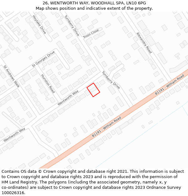 26, WENTWORTH WAY, WOODHALL SPA, LN10 6PG: Location map and indicative extent of plot