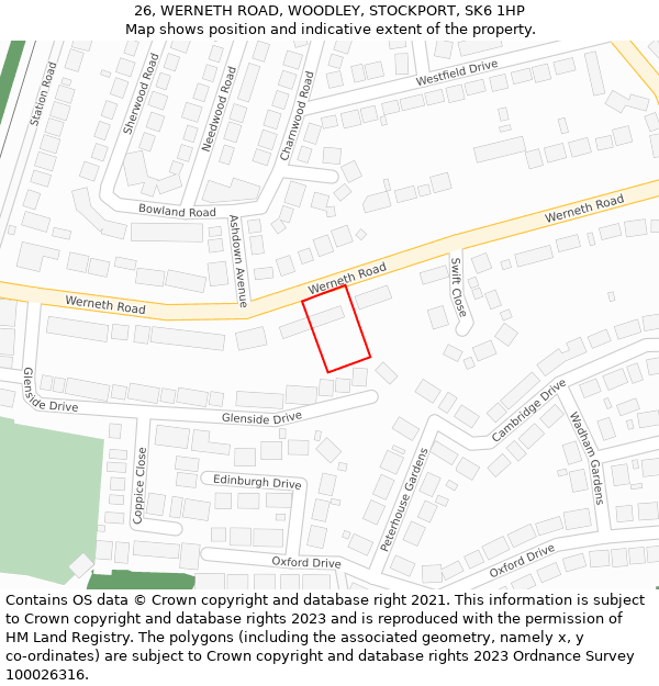 26, WERNETH ROAD, WOODLEY, STOCKPORT, SK6 1HP: Location map and indicative extent of plot