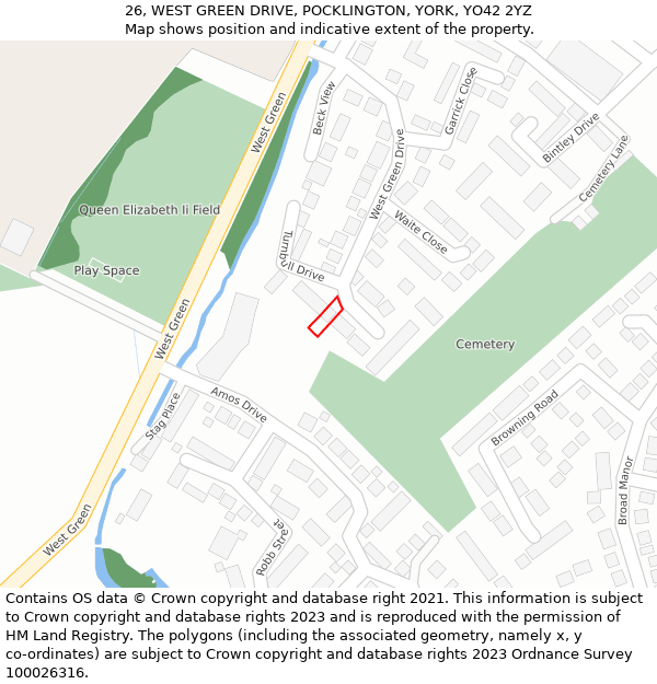 26, WEST GREEN DRIVE, POCKLINGTON, YORK, YO42 2YZ: Location map and indicative extent of plot