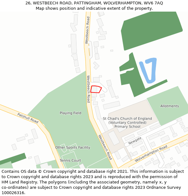 26, WESTBEECH ROAD, PATTINGHAM, WOLVERHAMPTON, WV6 7AQ: Location map and indicative extent of plot