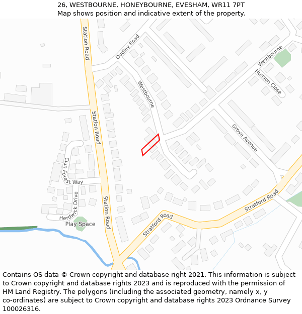 26, WESTBOURNE, HONEYBOURNE, EVESHAM, WR11 7PT: Location map and indicative extent of plot