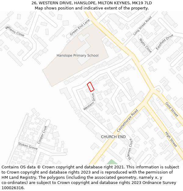 26, WESTERN DRIVE, HANSLOPE, MILTON KEYNES, MK19 7LD: Location map and indicative extent of plot