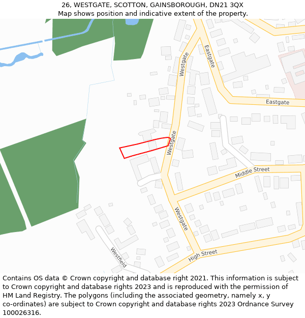 26, WESTGATE, SCOTTON, GAINSBOROUGH, DN21 3QX: Location map and indicative extent of plot