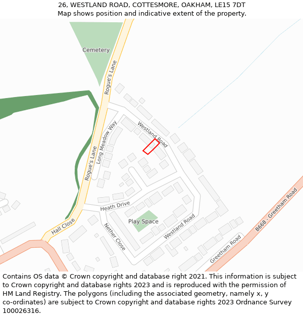 26, WESTLAND ROAD, COTTESMORE, OAKHAM, LE15 7DT: Location map and indicative extent of plot