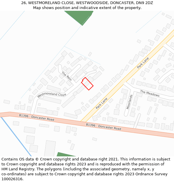 26, WESTMORELAND CLOSE, WESTWOODSIDE, DONCASTER, DN9 2DZ: Location map and indicative extent of plot