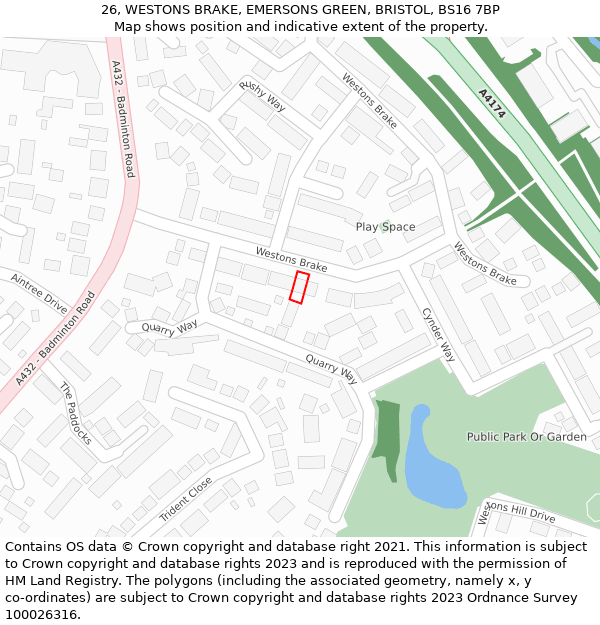 26, WESTONS BRAKE, EMERSONS GREEN, BRISTOL, BS16 7BP: Location map and indicative extent of plot