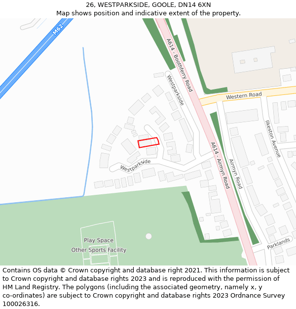 26, WESTPARKSIDE, GOOLE, DN14 6XN: Location map and indicative extent of plot