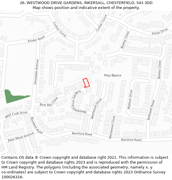 26, WESTWOOD DRIVE GARDENS, INKERSALL, CHESTERFIELD, S43 3DD: Location map and indicative extent of plot