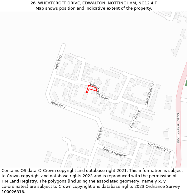 26, WHEATCROFT DRIVE, EDWALTON, NOTTINGHAM, NG12 4JF: Location map and indicative extent of plot