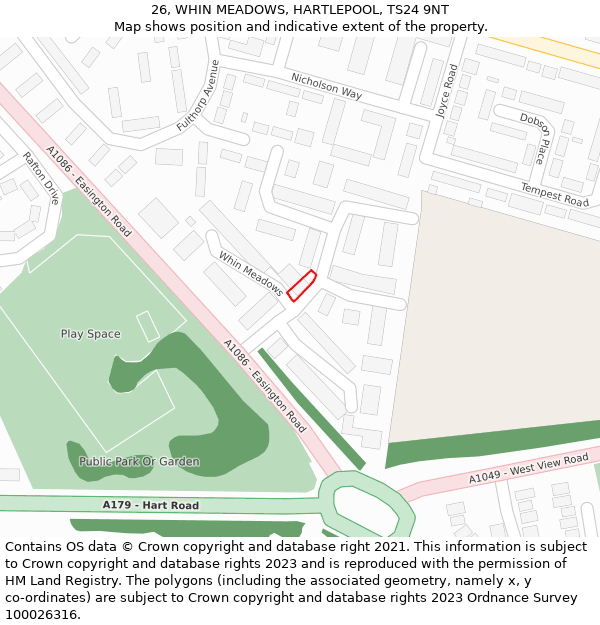 26, WHIN MEADOWS, HARTLEPOOL, TS24 9NT: Location map and indicative extent of plot