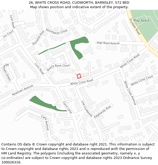 26, WHITE CROSS ROAD, CUDWORTH, BARNSLEY, S72 8ED: Location map and indicative extent of plot