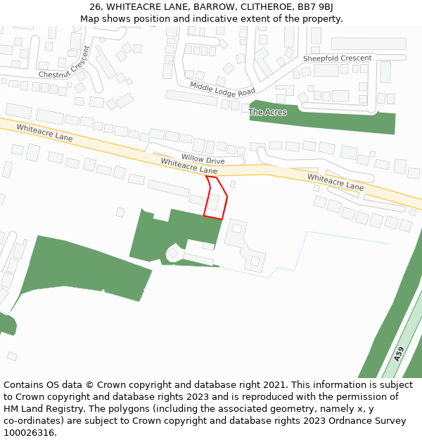 26, WHITEACRE LANE, BARROW, CLITHEROE, BB7 9BJ: Location map and indicative extent of plot